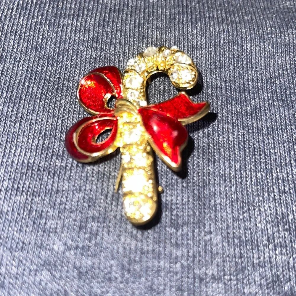 Vintage Gold tone Rhinestones & Red Enamel Candy Cane with Bow Brooch Pin